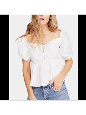 Free People White Puff-Sleeve Peplum Top